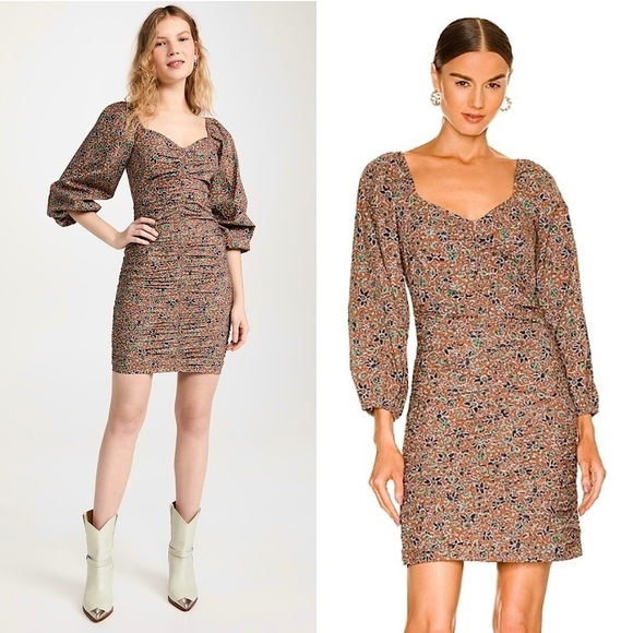 VERONICA BEARD Floral Paisley Sweetheart Neck Puff Long Sleeve Ruched Dress 4 - Picture 1 of 11